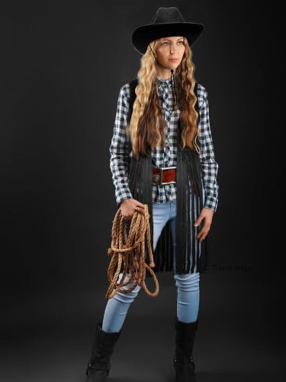 Faux Suede Fringe Vest with Cowgirl Hat - Western Hippie Costume Set - Picture 6 of 7